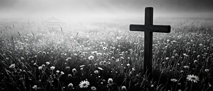 Christian cross in meadow with light rays and flowers - AI-generated stock image