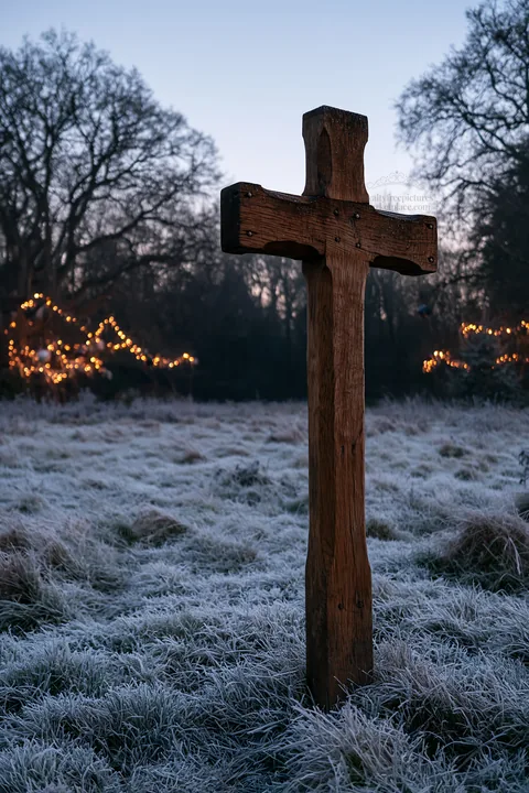 Carved oak cross stands in frosted meadow at dawn - AI-generated stock image