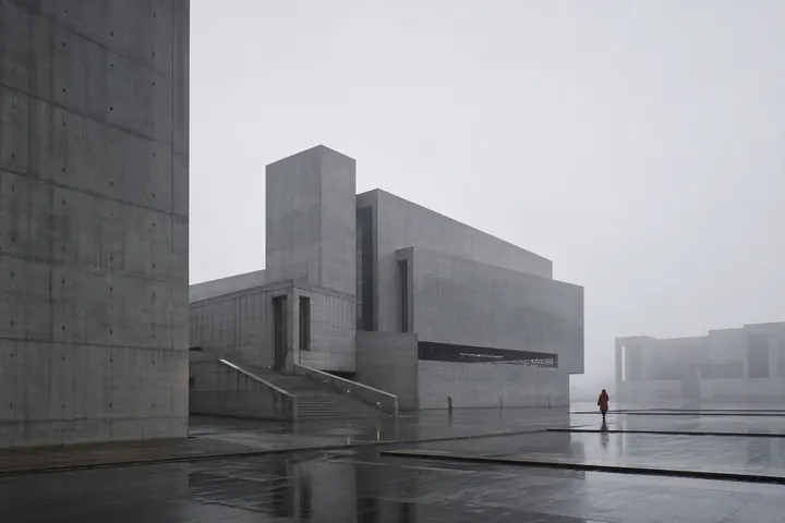 Brutalist Museum in Morning Fog