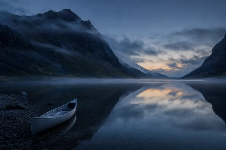 Canoe on an Alpine Lake at Blue Hour