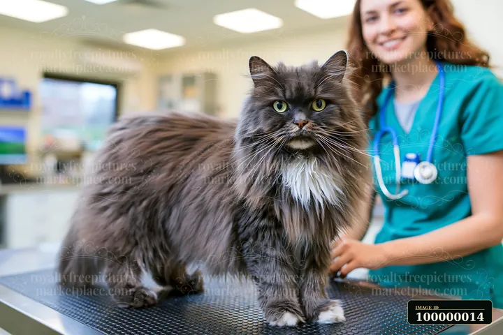 Long-haired gray cat sits on a veterinary examination table beside a veterinarian in scrubs.
