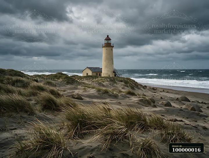 Lighthouse stands on grassy sand dunes beside a rough sea under dark storm clouds.