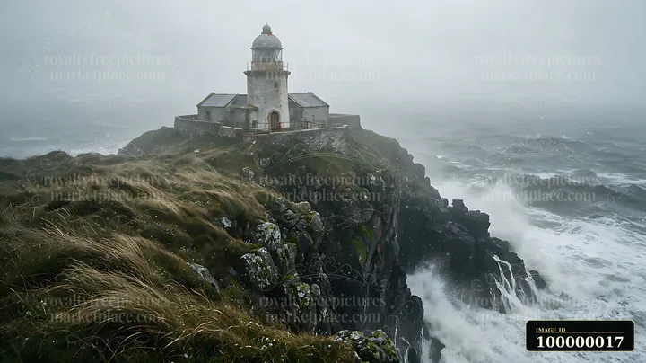 Lighthouse in heavy ocean fog stands on a rocky grassy cliff above powerful waves.
