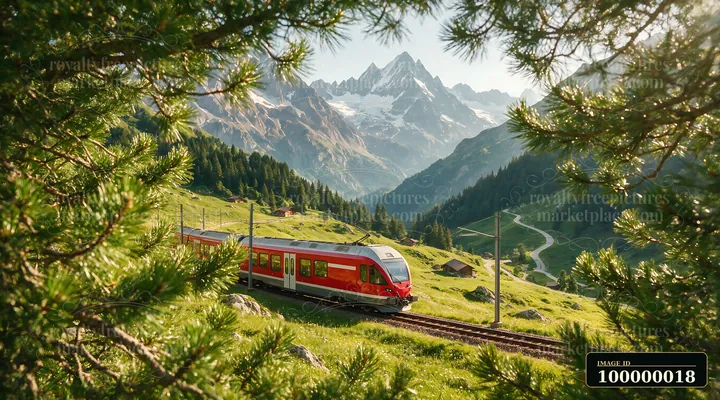 Red train travels through a green Swiss Alpine valley beneath snow-covered peaks, framed by sunlit pine branches.