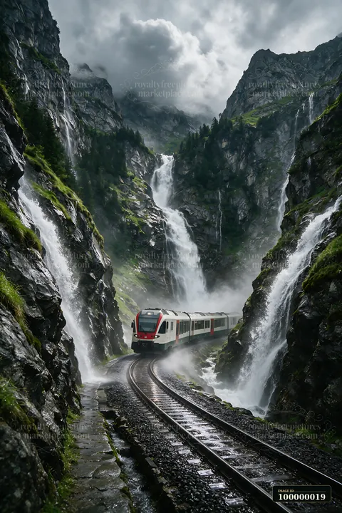 Passenger train travels along wet tracks between alpine cliffs and cascading waterfalls under cloudy skies.