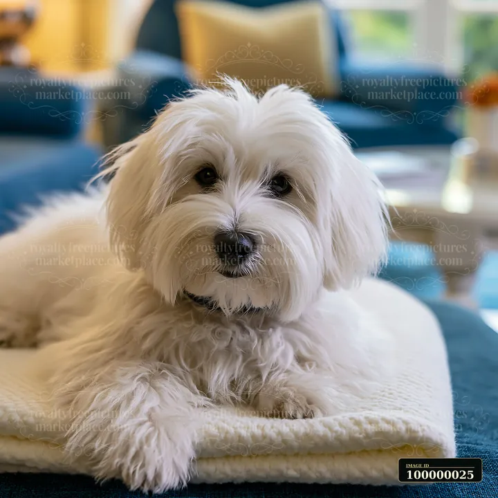 White long-haired dog resting on folded blankets in a softly furnished hotel room.