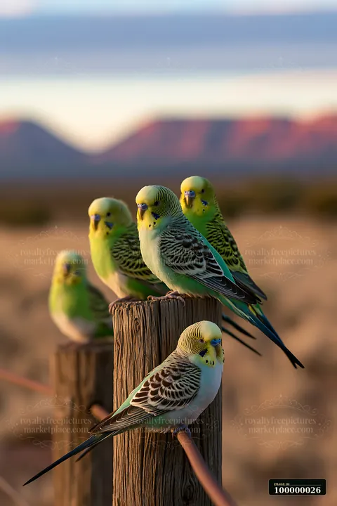 Five colorful budgerigars perch on weathered wooden posts against a softly blurred desert mountain landscape.