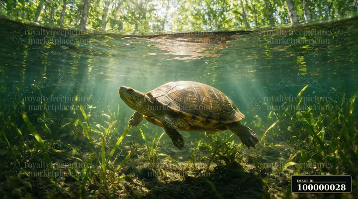 Turtle swims underwater through aquatic plants in a sunlit woodland pond, with the forest visible above the waterline.