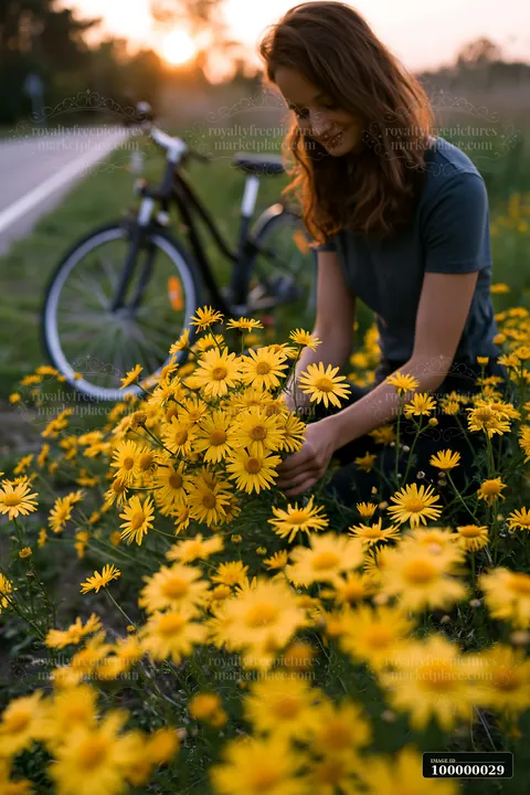 Woman gathering yellow wildflowers beside a bicycle on a rural path at sunset.