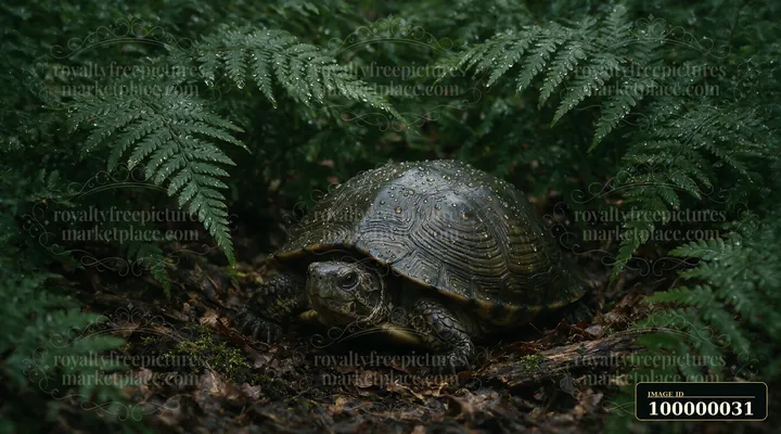 Turtle with a raindrop-covered shell resting on a damp forest floor beneath lush fern leaves.