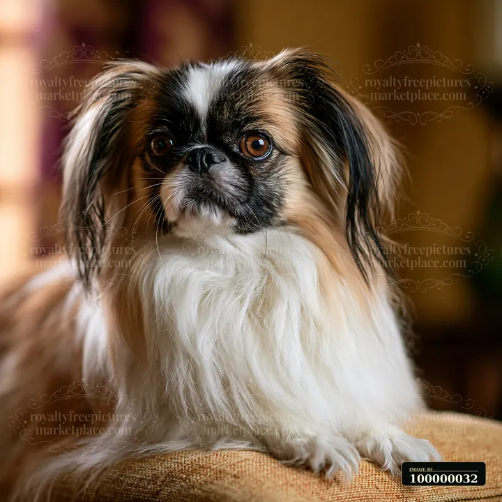Long-haired small dog sitting on a textured cushion in a warm studio portrait.