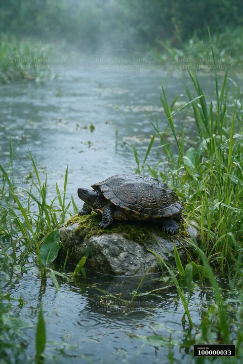 Turtle with a rain-covered shell rests on a mossy rock beside a grassy pond.