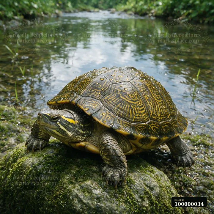Turtle with a rain-covered shell resting on a mossy rock beside a forest stream.