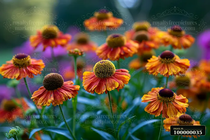 Orange helenium flowers bloom among green foliage in a colorful garden border.