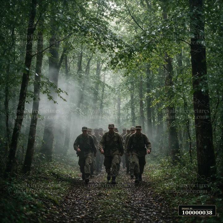 Soldiers march together along a misty, leaf-covered trail through a dense forest.