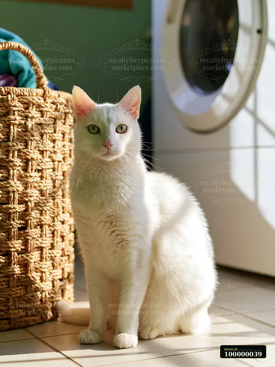 White Khao Manee cat sitting on a tiled floor beside a woven basket in sunlight.