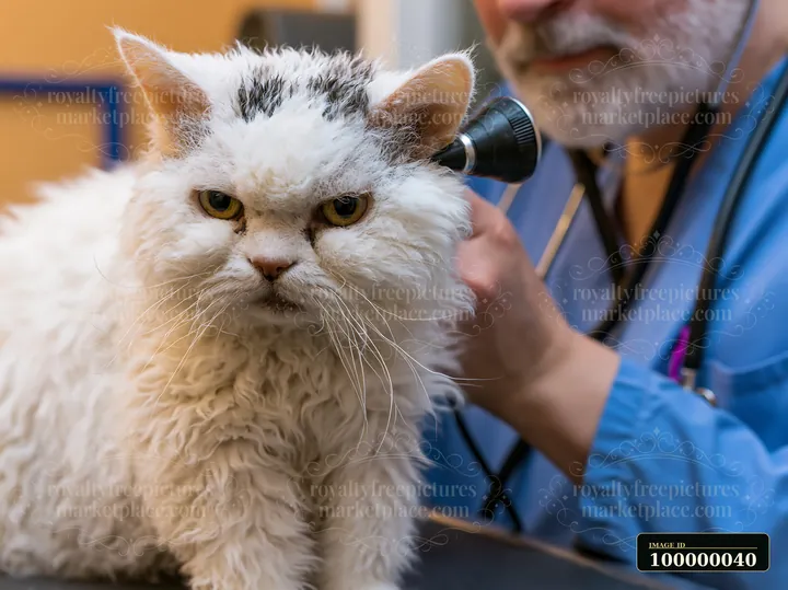 Long-haired white cat undergoing examination by a veterinary professional in a clinic.