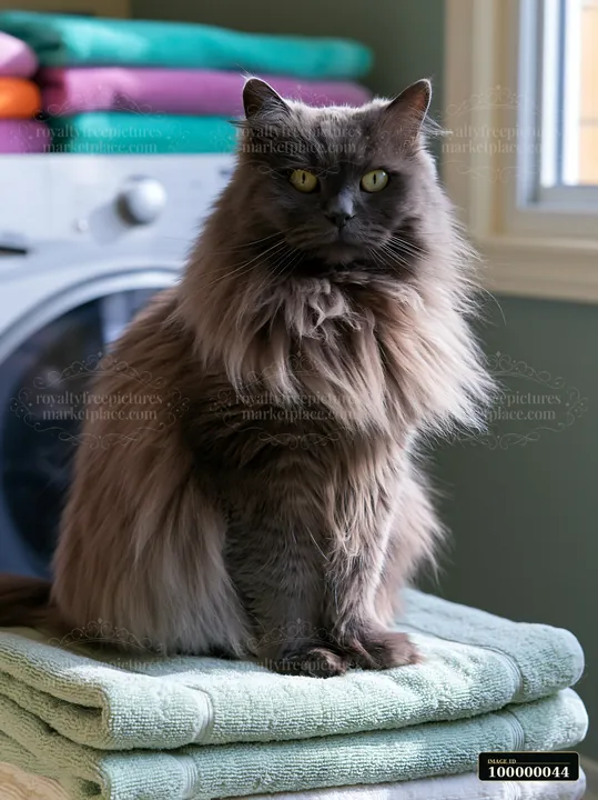 Long-haired gray cat sitting on folded towels indoors near a window.