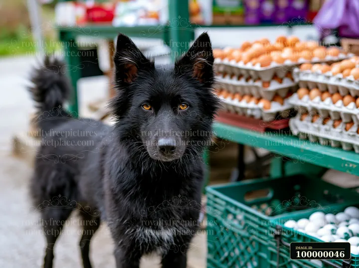 Black dog stands beside trays of eggs at a colorful farmers market stall.