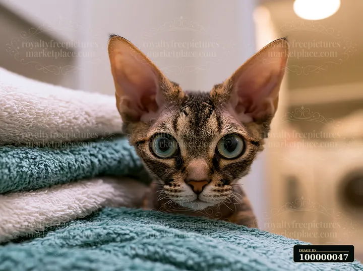 Wide-eyed cat peeking over folded blue and white towels indoors.