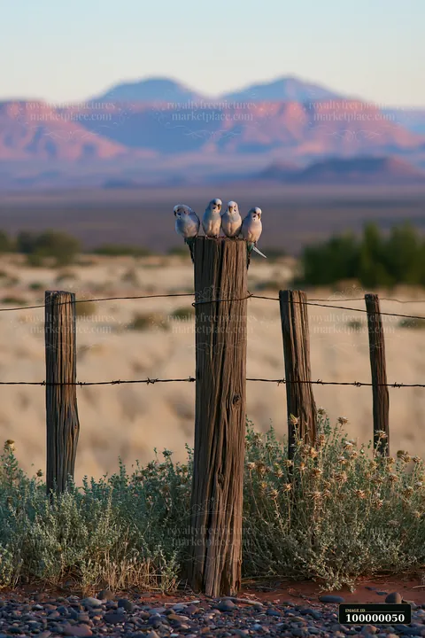 Four budgerigars perch on a weathered fence overlooking desert vegetation and distant mountains.