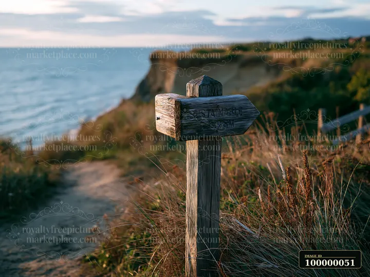 Weathered sustainable tourism sign beside a coastal path overlooking sea cliffs and grassy shoreline.