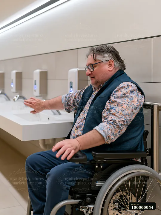 Man in a wheelchair reaches toward an accessible sink in a clean restroom.