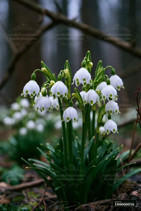 White snowdrop flowers with raindrops bloom beneath trees in a shaded woodland.