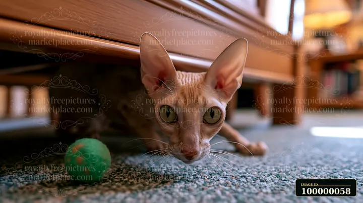 Cornish Rex cat crouches beside a green ball while playing on a carpeted floor indoors.