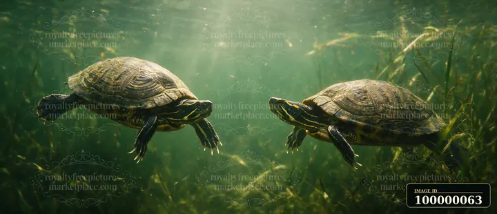 Two turtles swim underwater among aquatic plants in clear freshwater illuminated by filtered sunlight.