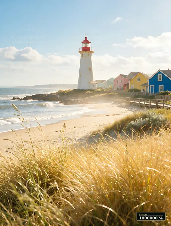White lighthouse beside colorful beach cottages overlooking waves, sand, rocky shore, and sunlit dune grass.