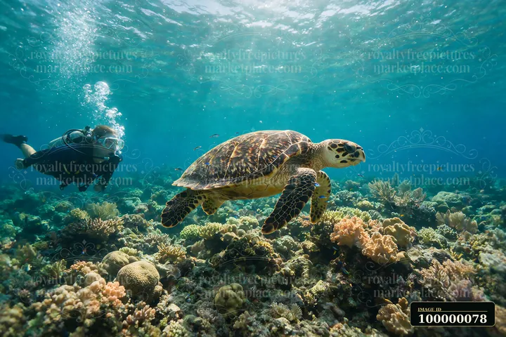 Sea turtle swims beside a scuba diver above a colorful coral reef in clear blue underwater light.