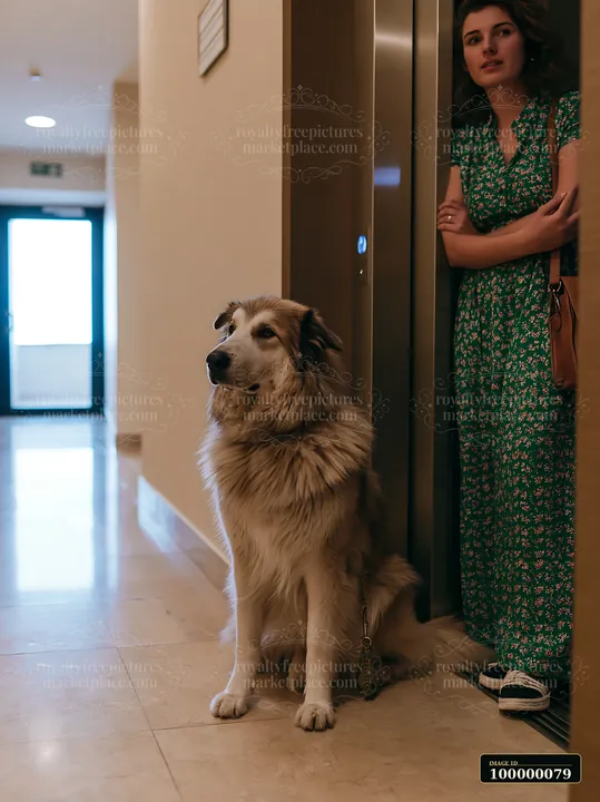 Large long-haired dog sits beside a woman in a hotel elevator doorway.