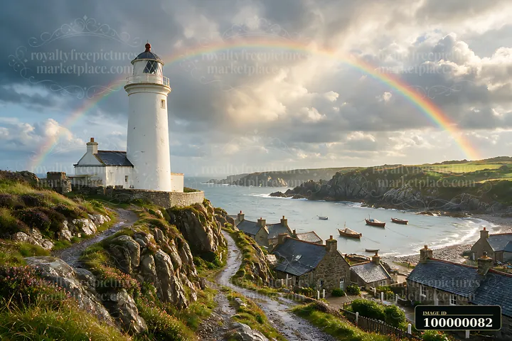 White lighthouse overlooks a rocky fishing village and coastal cove beneath dramatic clouds and a rainbow.