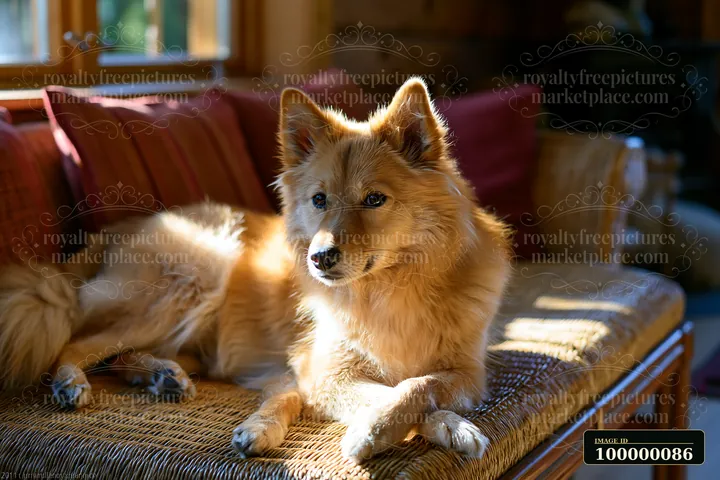 Fluffy tan dog resting on a wicker sofa in a warmly lit home