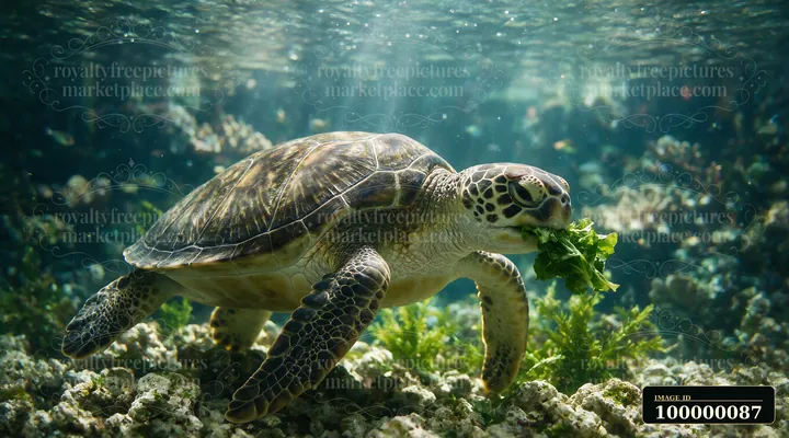 Sea turtle feeding on leafy greens underwater in an aquarium with rocks and aquatic plants.