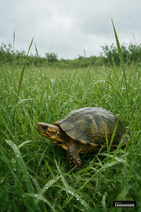 Turtle moves through rain-wet grass beneath an overcast sky.