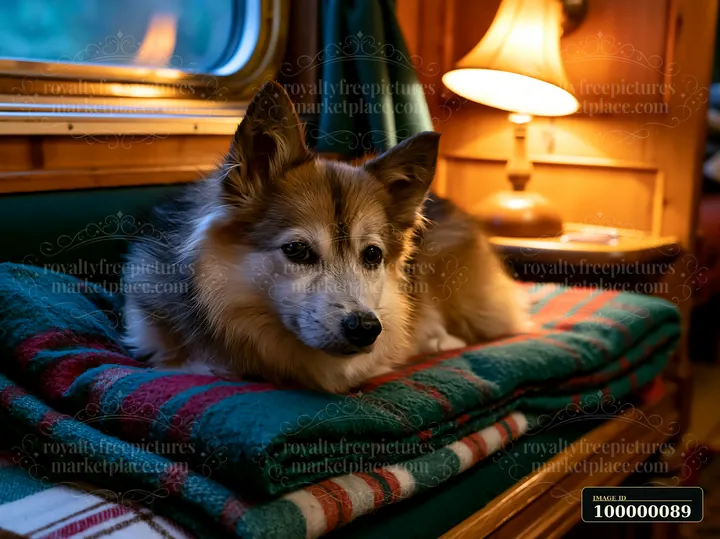 Fluffy dog resting on folded blankets inside a warmly lit train compartment