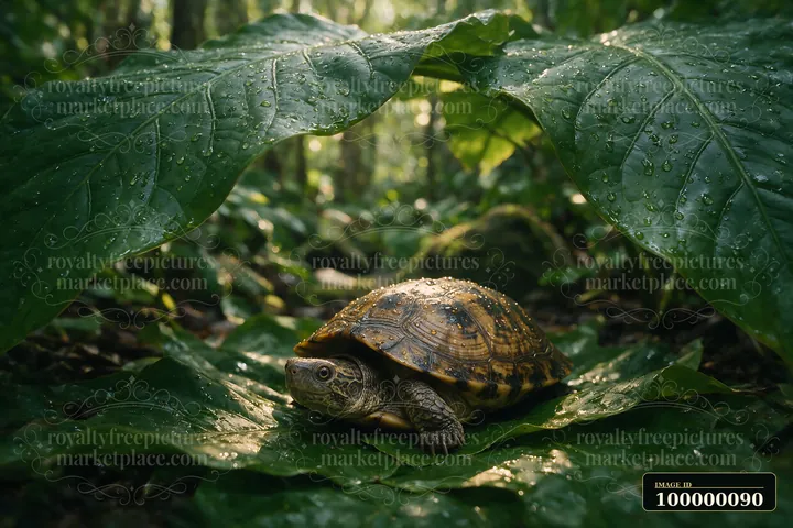 Turtle with a raindrop-covered shell resting among wet leaves in a lush forest.