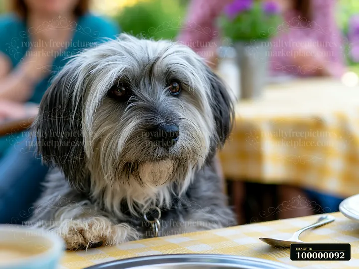 Shaggy black and white dog sits with its paws on a checkered café table.