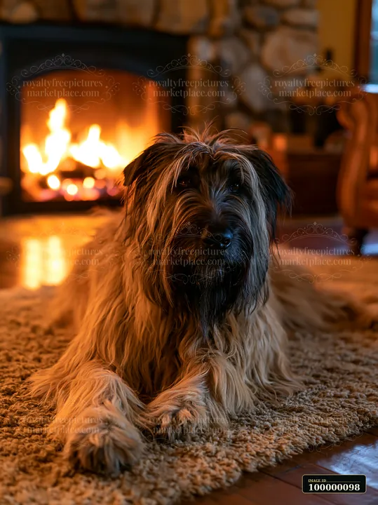 Long-haired dog rests on a rug beside a glowing fireplace in a warm rustic room.