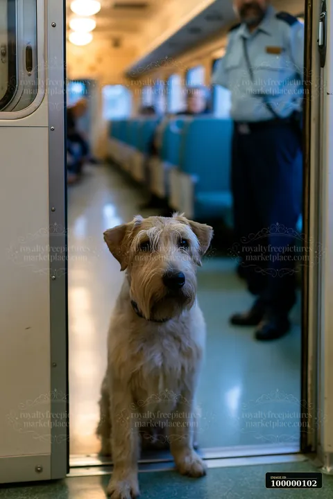 Wire-haired dog stands in an open train doorway with blurred passengers and a staff member inside.