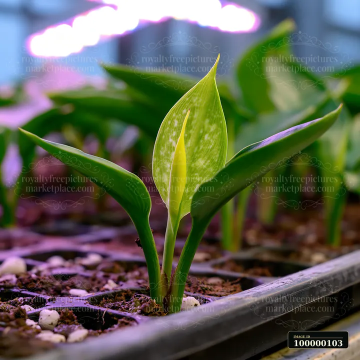 Young green plant with broad leaves growing in soil-filled nursery trays beneath colorful grow lights.