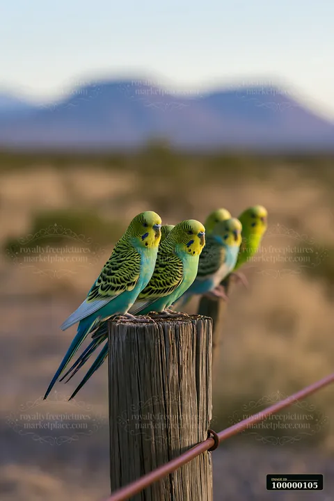 Several colorful budgerigars perch on a weathered wooden post with dry terrain and blurred mountains behind them.