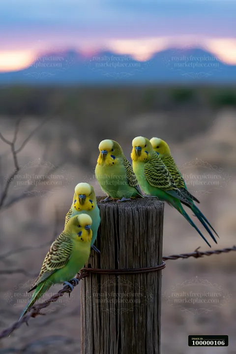 Five colorful budgerigars perch on a wooden fence post and wire in a desert landscape at sunset.