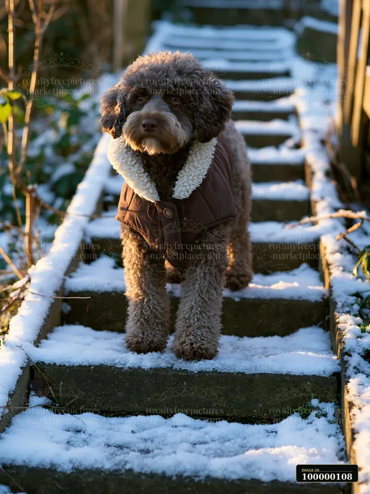 Curly-haired dog in a winter coat stands on snow-covered outdoor steps.