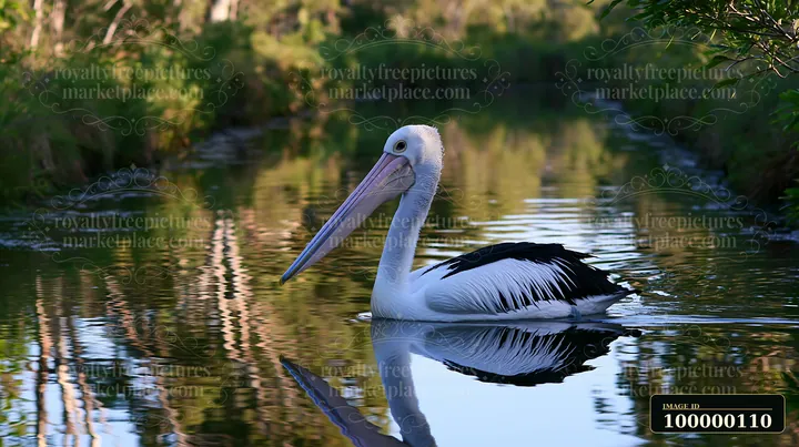 Australian pelican floating on reflective lagoon water beside leafy coastal vegetation.