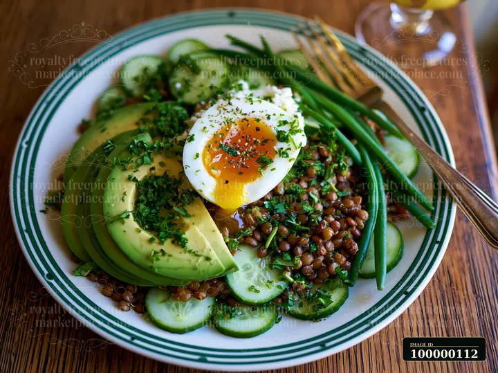 Close-up of a lentil salad plate with avocado, cucumber, green beans, herbs, and a soft-cooked egg.