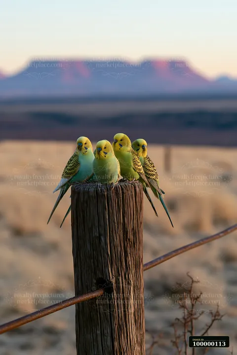 Four colorful budgerigars perch together on a weathered wooden post with a blurred desert and mountains behind them.