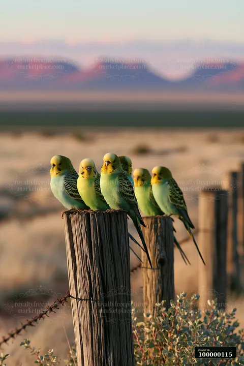 Colorful budgerigars perch on weathered posts in a sandy desert landscape with blurred mountains.